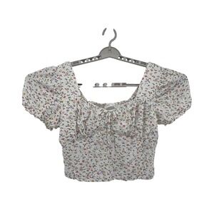 Planet Gold Crop Top Womens L White Floral Smocked Back Puff Sleeve Boho